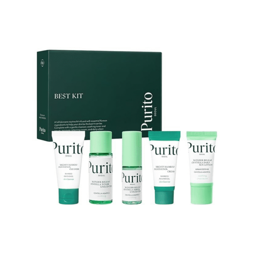 PURITO SEOUL Best Kit – Skincare Routine with Panthenol Cleanser, Unscented Centella Serum & Cream, Toner, and Sun Lotion
